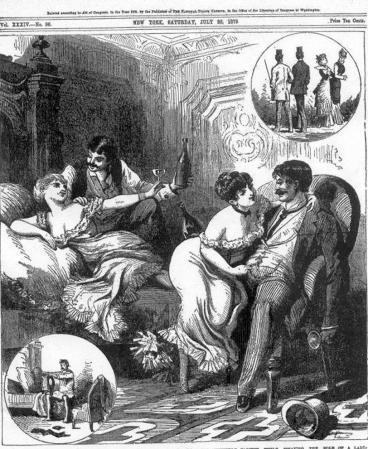 Este dibujo de 1879 es todo un cuento. Dos mujeres enganchan a dos hombres en la calle, los emborrachan y se acuestan con ellos y al final acaban robándoles las billeteras.