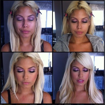 Bridgette B antes y después del maquillaje.