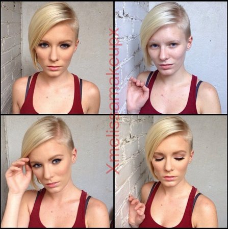 Elaina Raye antes y después del maquillaje.