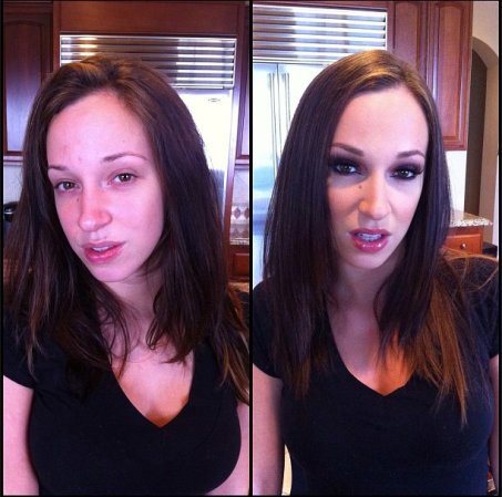 Jada Stevens antes y después del maquillaje.