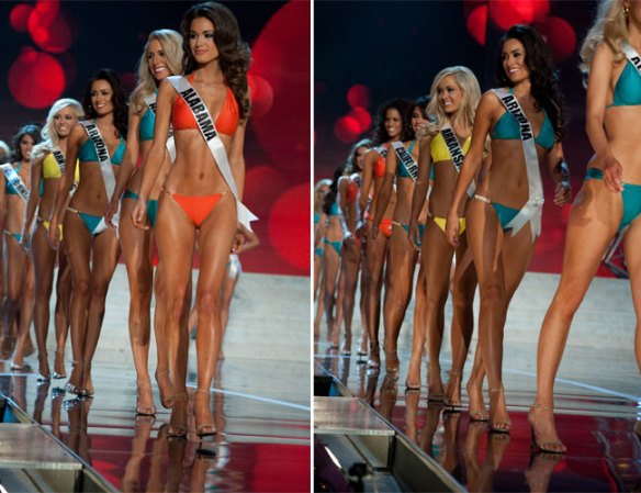 Las candidatas desfilan en traje de baño durante las etapas preliminares del certamen Miss USA.