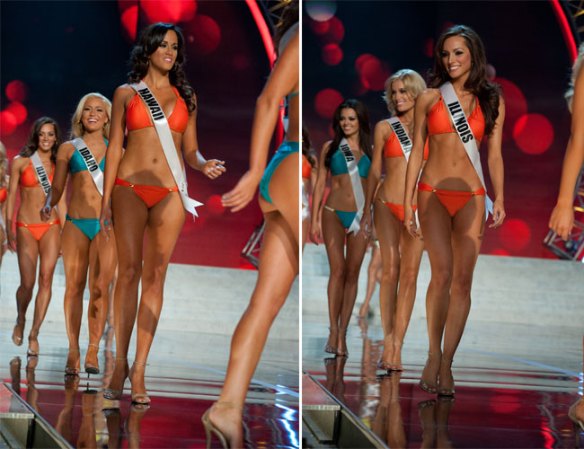 Las candidatas desfilan en traje de baño durante las etapas preliminares del certamen Miss USA.
