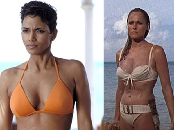 Halle Berry hizo un homenaje a otra chica Bond, Ursula Andress, al salir del mar en bikini.