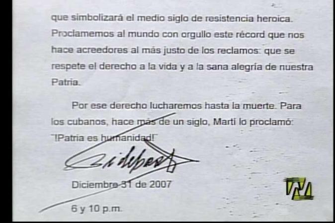31 DE DICIEMBRE, 2007: En un mensaje de Año Nuevo, Fidel Castro elogia la "resistencia heroica" de los cubanos ante Estados Unidos.