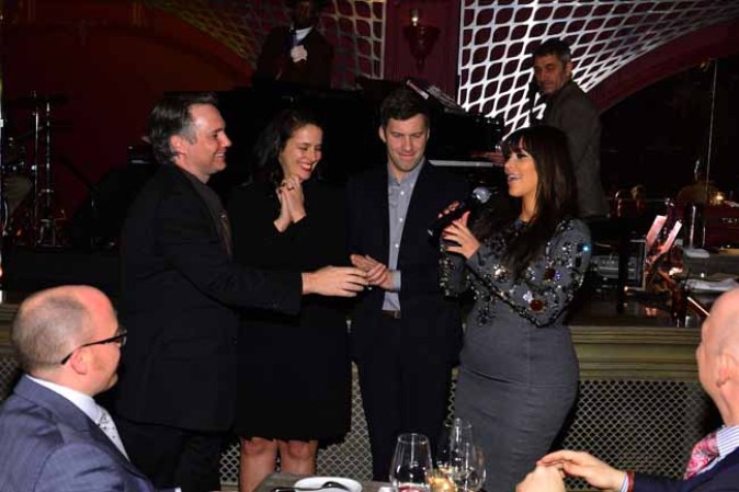 NEW YORK, NY - MARCH 27: (EXCLUSIVE COVERAGE) (L-R) Jason Binn, Nicole Vecchiarelli, Keith Pollock, and Kim Kardashian speak at the DuJour Magazine Spring 2013 Issue Celebration at The Darby on March 27, 2013 in New York City. (Photo by Larry Busacca/Getty Images for DuJour)
