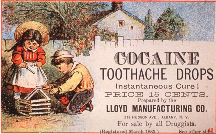 Este anuncio promete una cura instantánea para el dolor de muelas mediante gotas de cocaína.