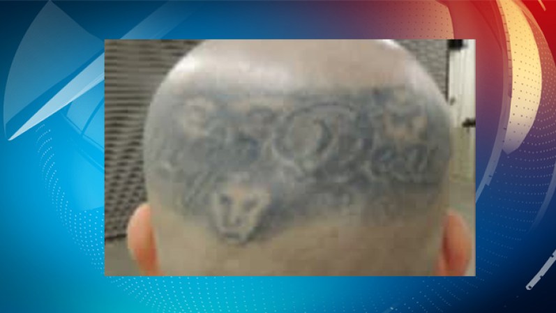 El tatuaje está en la parte posterior de su cabeza y dice “Drop dead”.