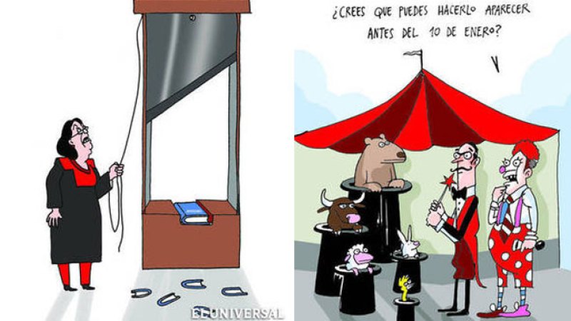 La caricaturista Rayma Suprani publicó en el diario El Universal una caricatura en la que se veía la figura de una mujer sosteniendo el hilo que libera la cuchilla de una enorme guillotina que cortaba copias de la constitución.