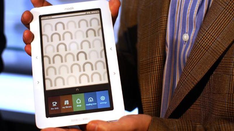 NEW YORK - OCTOBER 20: The new "nook" digital reader is displayed at a launching October 20, 2009 in New York City. The "nook" is a wireless reader which will be available on Barnes & Noble's Web site and in stores and is currently available for "pre-order" for $259. The "nook" is less than 5 inches wide and 8 inches tall and weighs 11.2 ounces. At $259 it will be the same price as the recently reduced Kindle by Amazon. (Photo by Spencer Platt/Getty Images)