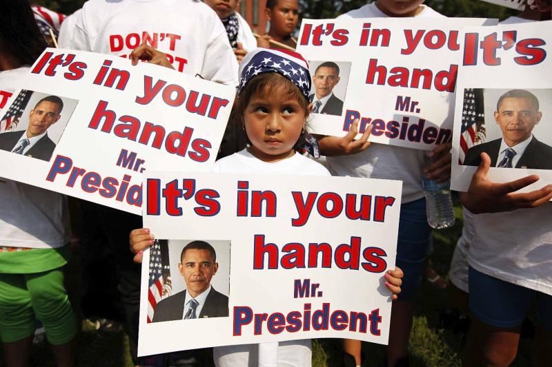 WASHINGTON - JULY 28: Dozens of U.S.-born children from across the country traveled to the White House with their undocumented parents to march and demonstrate against recent deportations July 28, 2010 in Washington, DC. Organized by CASA de Maryland, Familias Latinas Unidas, and other organizations, marchers describing themselves as "Obama Orphans," or children whose parents have been deported, called on President Barack Obama to keep his campaign promise of comprehensive immigration reform. (Photo by Chip Somodevilla/Getty Images)