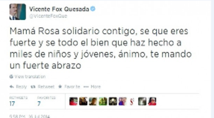 El ex presidente Vicente Fox expresó su apoyo a Mamá Rosa en un tuit.