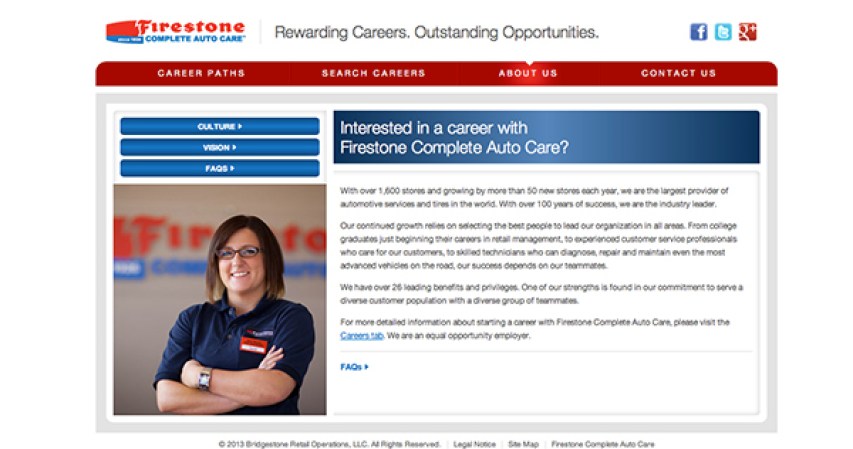 Firestone Complete Auto Cara<br /><br />Industria: Automotriz, Motores de Vehículos<br /><br />Puestos de trabajo: Ventas, Ejecutivos de Promoción, Ingenieros de Procesos, Mecánicos<br /><br />Las plazas son para: California, Texas, Illinois