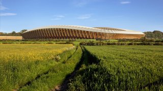 Imagen computarizada del diseño del estadio Eco Park en Inglaterra, diseñado por Zaha Hadid Architects
