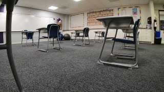A classroom with desks 6 feet apart