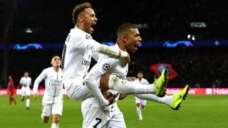 Foto de Mbappé y Neymar celebrando el segundo gol del partido en contra de Liverpool el pasado 28 de noviembre.