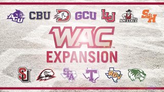 anuncio de la expansion de la conferencia atletica del oeste con los logos de varias universidades