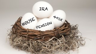 Foto concepto de unos huevos en un nido con las palabras escritas de 401k, casa, pensión y fondo de retiro IRA.