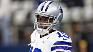 Amari Cooper #19 of the Dallas Cowboys warms up before a game against the New York Giants at AT&T Stadium on October 10, 2021 in Arlington, Texas. The Cowboys defeated the Giants 44-20.