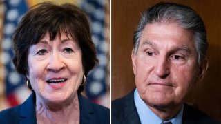 Los senadores Susan Collins y Joe Manchin en fotos de archivo.