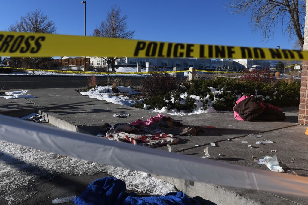 Blood stained clothing is seen on the ground near Club Q, an LGBTQ nightclub in Colorado Springs, Colorado, on November 20, 2022. &#8211; At least five people were killed and 18 wounded in a mass shooting at an LGBTQ nightclub in the US city of Colorado Springs, police said on November 20, 2022. (Photo by Jason Connolly / AFP) (Photo by JASON CONNOLLY/AFP via Getty Images)