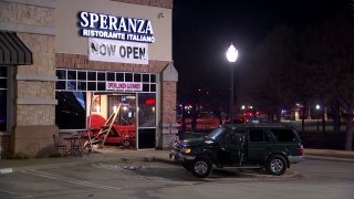 Four people were hurt when an SUV crashed into a restaurant Thursday evening in Far North Dallas, firefighters say.