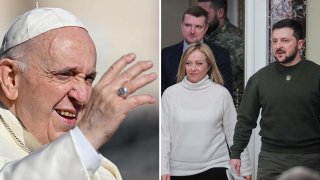 Imágenes de archivo del papa Francisco, el presidente ucraniano, Volodomir Zelenski, y la primera ministra italiana, Giogia Meloni.