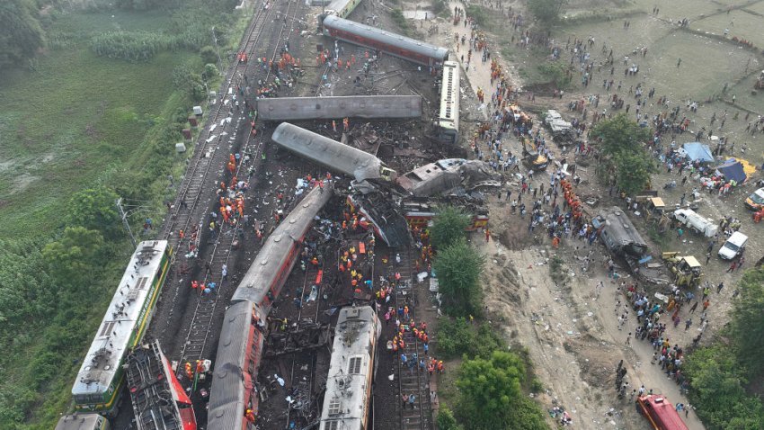 BALASORE, INDIA – JUNE 03: An aerial view of Force Rescue continues work at the site of a train accident at Odisha, Balasore, India, 03 June 2023. Over 290 people died and more than 900 were injured after three trains collided one after another. According to railway officials the Coromandel Express, which operates between Kolkata and Chennai, crashed into the Howrah Superfast Express. (Photo by Stringer/Anadolu Agency via Getty Images)