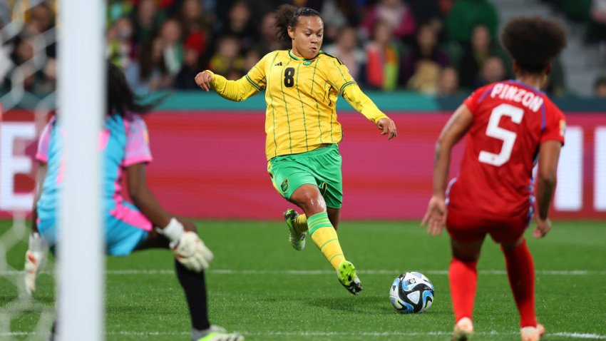 PERTH, AUSTRALIA – JULY 29: Drew Spence of Jamaica shoots at goal during the FIFA Women’s World Cup Australia & New Zealand 2023 Group F match between Panama and Jamaica at Perth Rectangular Stadium on July 29, 2023 in Perth, Australia. (Photo by Paul Kane/Getty Images)