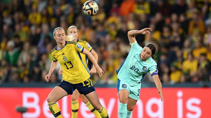 BRISBANE, AUSTRALIA – AUGUST 19: Sam Kerr of Australia and Amanda Ilestedt of Sweden compete for the ball during the FIFA Women’s World Cup Australia & New Zealand 2023 Third Place Match match between Sweden and Australia at Brisbane Stadium on August 19, 2023 in Brisbane / Meaanjin, Australia. (Photo by Matt Roberts – FIFA/FIFA via Getty Images)