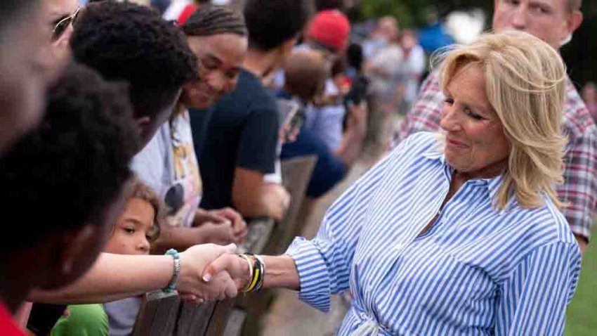 US First Lady Jill Biden greets residents impacted by Hurricane Idalia in Live Oak, Florida, on September 2, 2023. (Photo by Stefani Reynolds / AFP) (Photo by STEFANI REYNOLDS/AFP via Getty Images)