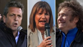 Alberto Massa, Patricia Bullrich y Javier Milei, los tres candidatos que encabezan las encuestas en Argentina.