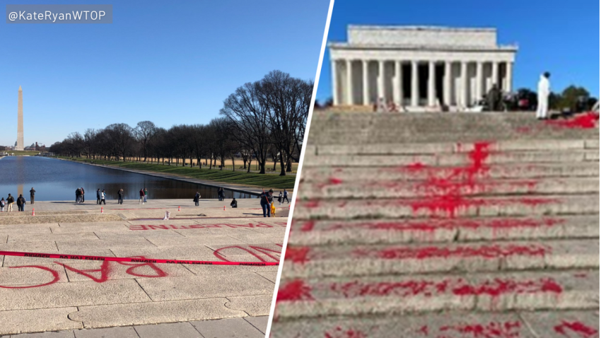 Crews are cleaning up outside the Lincoln Memorial after someone vandalized it with red paint, U.S. Park Police said.