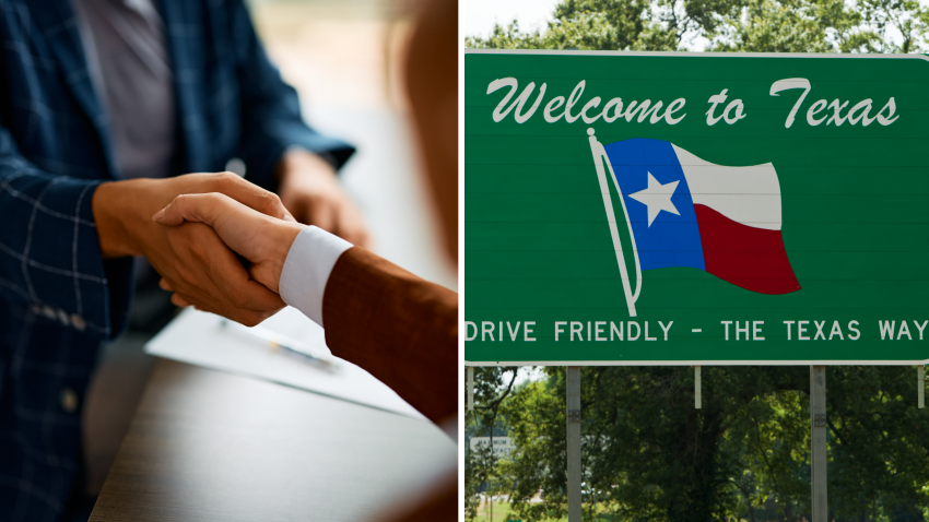 Foto de una entrevista de trabajo y una foto del letrero de bienvenida en el estado de Texas.