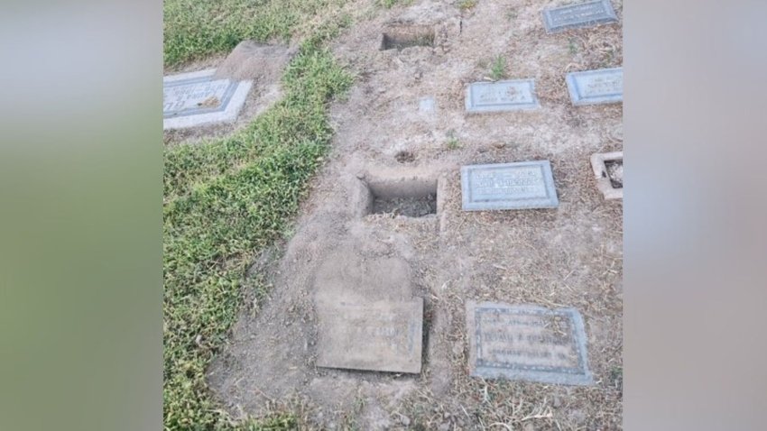 A gravestone at the Kraus Pioneer Cemetery in San Bernardino is vandalized in this undated image.