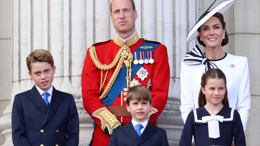 LONDON, ENGLAND – JUNE 15: Prince George of Wales, Prince William, Prince of Wales, Prince Louis of Wales, Princess Charlotte of Wales and Catherine, Princess of Wales during Trooping the Colour at Buckingham Palace on June 15, 2024 in London, England. Trooping the Colour is a ceremonial parade celebrating the official birthday of the British Monarch. The event features over 1,400 soldiers and officers, accompanied by 200 horses. More than 400 musicians from ten different bands and Corps of Drums march and perform in perfect harmony. (Photo by Chris Jackson/Getty Images)