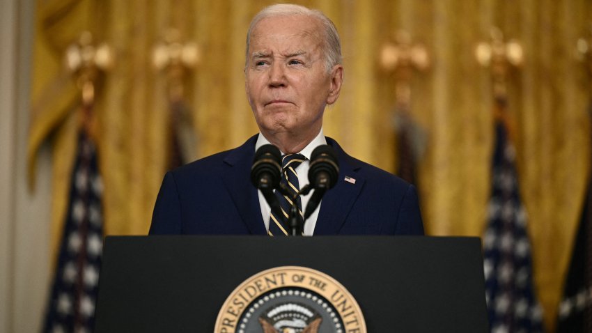 US President Joe Biden speaks in the East Room of the White House in Washington, D, on June 4, 2024 to announce he will temporarily shut the US-Mexico border to asylum seekers whenever illegal migrant crossings surge. The 81-year-old Democrat is signing a long-awaited executive order that would ban migrants who enter illegally from getting asylum when numbers top 2,500 in a day, as well as making it easier to deport them back to Mexico. (Photo by Brendan SMIALOWSKI / AFP) (Photo by BRENDAN SMIALOWSKI/AFP via Getty Images)