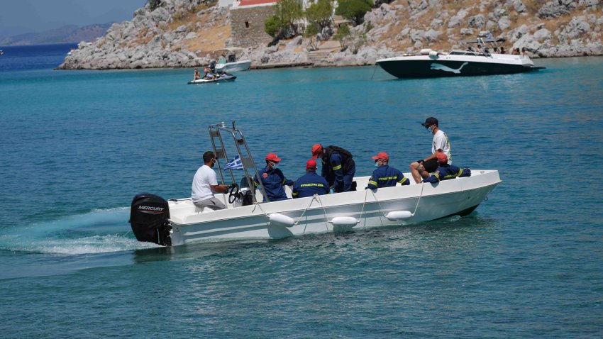 Emergency services leave Agia Marina in Symi, Greece, where the body of TV doctor and columnist Michael Mosley has been discovered during a search and rescue operation after he went missing while on holiday. Police and firefighters have been using drones to scour the island, which is part of the Dodecanese island chain and is about 25 miles north of Rhodes. Picture date: Sunday June 9, 2024. (Photo by Yui Mok/PA Images via Getty Images)