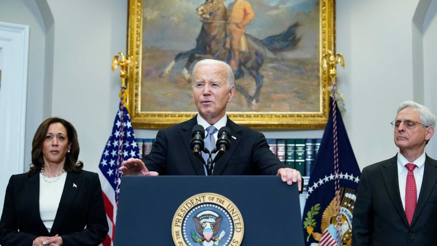 US President Joe Biden speaks from the Roosevelt Room of the White House as Vice President Kamala Harris and Attorney General Merrick Garland look on in Washington, DC, on July 14, 2024, one day after former president Donald Trump survived an apparent assassination attempt during a rally in Pennsylvania. (Photo by Mandel NGAN / AFP) (Photo by MANDEL NGAN/AFP via Getty Images)