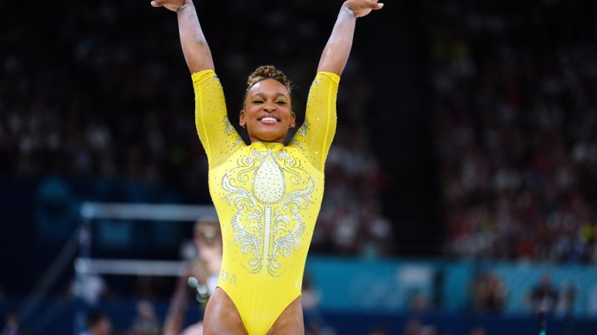 Brazil’s Rebeca Andrade following her performance on the Balance Beam during the Women’s All-Around Final at the Bercy Arena on the sixth day of the 2024 Paris Olympic Games in France. Picture date: Thursday August 1, 2024. (Photo by Mike Egerton/PA Images via Getty Images)