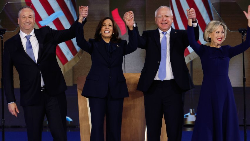 CHICAGO, ILLINOIS – AUGUST 22: (L-R) Second gentleman Doug Emhoff, Democratic presidential nominee, U.S. Vice President Kamala Harris, Democratic vice presidential nominee Minnesota Gov. Tim Walz and Minnesota first lady Gwen Walz celebrate after Harris accepted the Democratic presidential nomination during the final day of the Democratic National Convention at the United Center on August 22, 2024 in Chicago, Illinois. Delegates, politicians, and Democratic Party supporters are gathering in Chicago, as current Vice President Kamala Harris is named her party’s presidential nominee. The DNC takes place from August 19-22. (Photo by Chip Somodevilla/Getty Images)