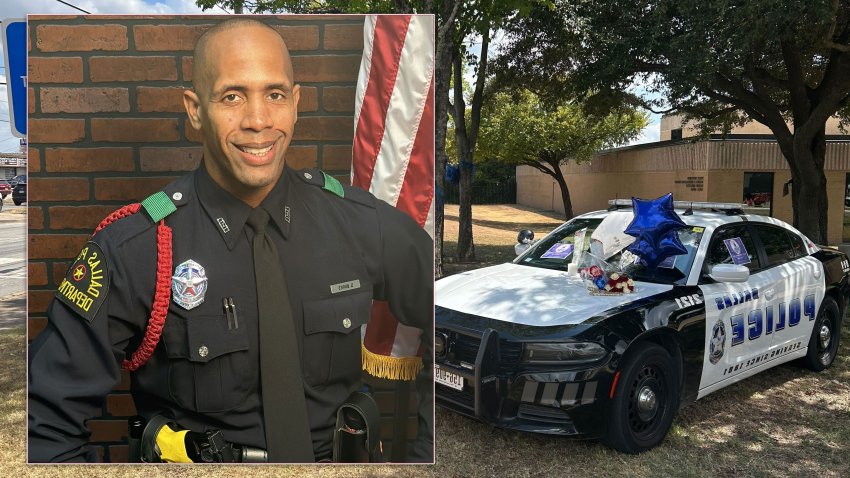 Dallas police officer Darron Burks, inset, was fatally shot while parked in his police car on Thursday, Aug. 29, 2024.