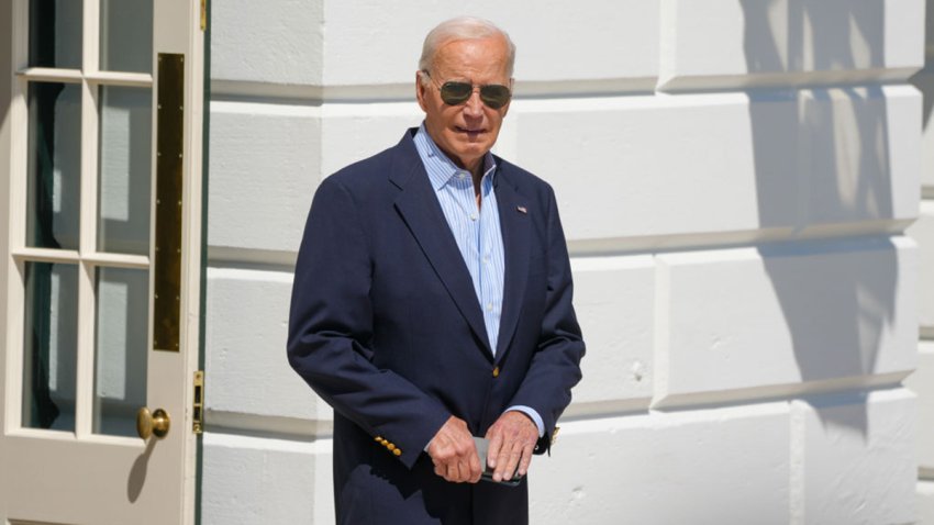 U.S. President Joe Biden speaks to members of the media before departing the White House en route to Pittsburgh on September 2, 2024 in Washington, DC.  (Photo by Andrew Leyden/NurPhoto via Getty Images)