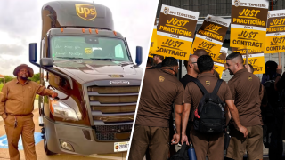 (Izquierda) Otis Keys II es conductor de camiones de UPS. (Derecha) Trabajadores de United Parcel Services (UPS) caminan por una "línea de piquete de práctica" el 7 de julio de 2023, en el barrio de Queens de la ciudad de Nueva York, antes de una posible huelga de UPS.