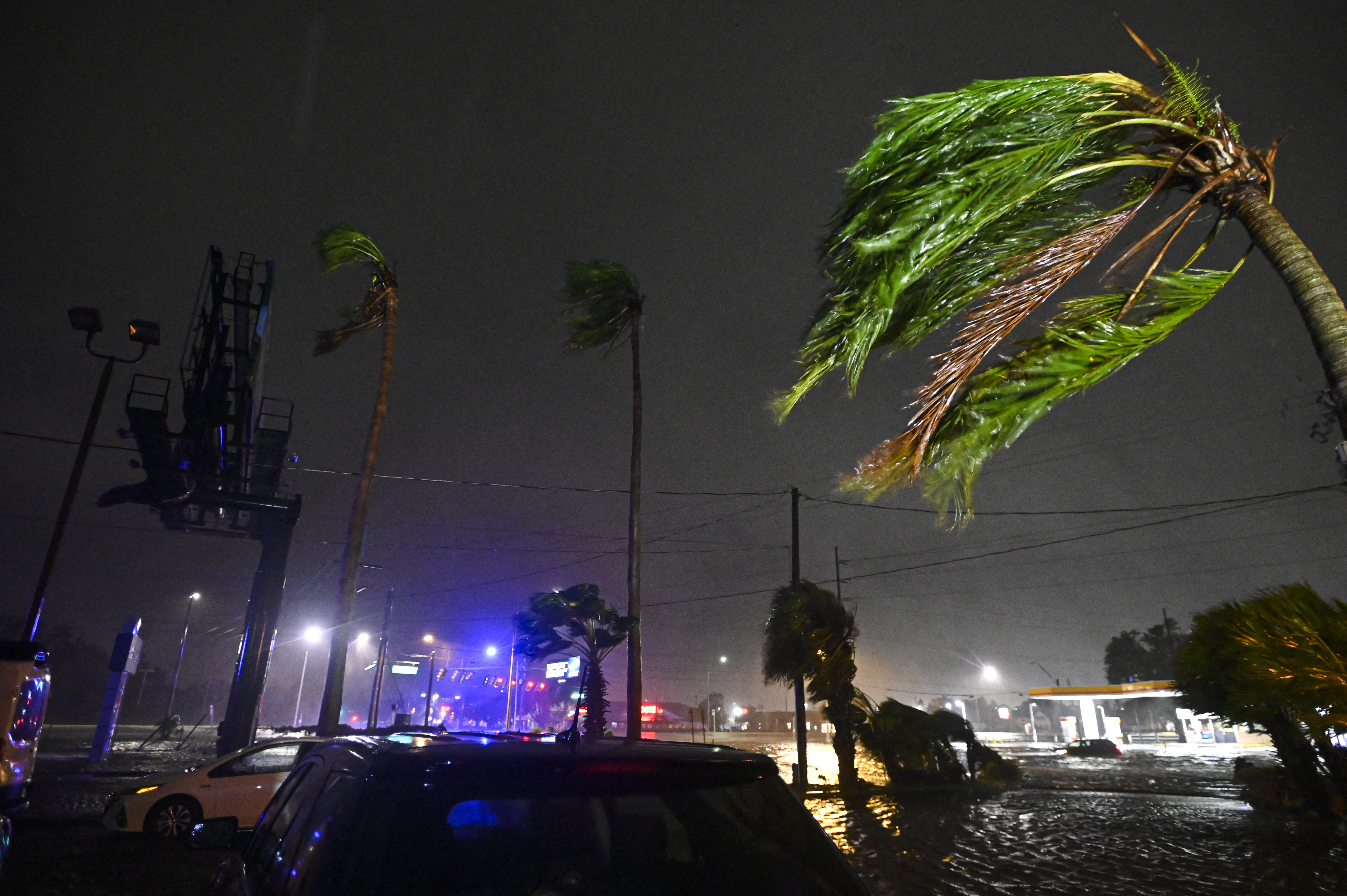 Las palmeras se doblan con el viento después de que el huracán Milton tocara tierra en Brandon, Florida, el 9 de octubre de 2024.