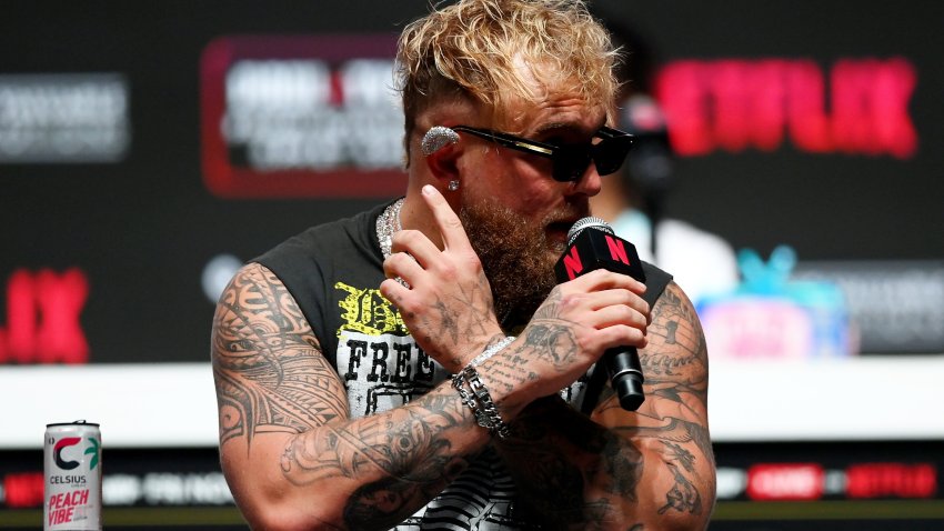 Texas , United States – 13 November 2024; Jake Paul during a press conference, held at Toyota Music Factory in Irving, Texas, USA, ahead of his heavyweight bout with Mike Tyson, on November 15th at AT&T Stadium in Arlington, Texas. (Photo By Stephen McCarthy/Sportsfile via Getty Images)