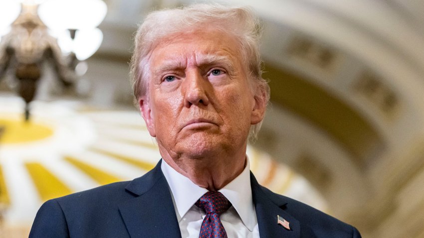 US President-elect Donald Trump speaks to members of the media following a meeting with Republican Senators at the US Capitol in Washington, DC, US, on Wednesday, Jan. 8, 2025. A faction of Trump’s allies is harboring doubts about Republicans’ chances of passing a sweeping tax bill in 2025 amid party infighting and strategy disputes. Photographer: Valerie Plesch/Bloomberg via Getty Images