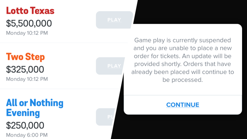 The Jackpocket app on Monday, Feb. 24, 2025, warns players in Texas they are unable to purchase new lottery tickets. NBC 5 reached out to Jackpocket for comment but has not received a reply.