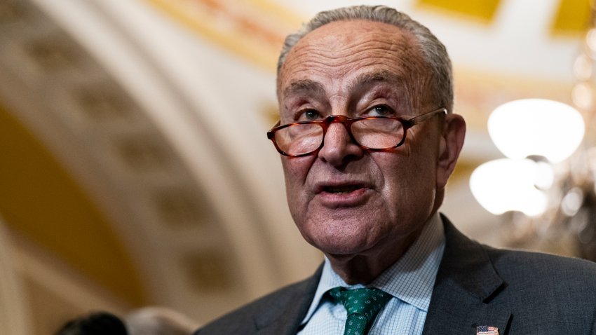 Senate Minority Leader Chuck Schumer, a Democrat from New York, speaks during a news conference following the weekly Senate Democrat policy luncheon at the US Capitol in Washington, DC, US, on Tuesday, March 11, 2025. The House is scheduled to vote on a six-month spending bill that would make sure the whole government doesn’t shut down, interrupting the fast start of President Donald Trump’s second watch. Photographer: Al Drago/Bloomberg via Getty Images