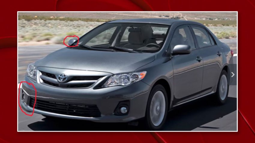 The Dallas County Sheriff’s Office shared this photo of a Toyota Corolla and highlighted in red circles where the vehicle’s damage would have occurred. This is not the exact car from the hit-and-run.