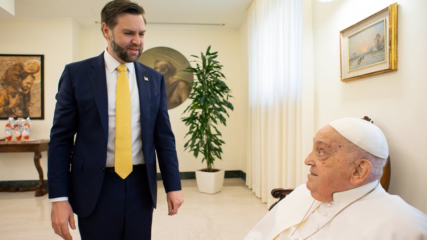 VATICAN CITY, VATICAN – APRIL 20: (EDITOR NOTE: STRICTLY EDITORIAL USE ONLY – NO MERCHANDISING). Pope Francis  meets with U.S. Vice President JD Vance and delegation during an audience at Casa Santa Marta on April 20, 2025 in Vatican City, Vatican. (Photo by Vatican Media via Vatican Pool/Getty Images)